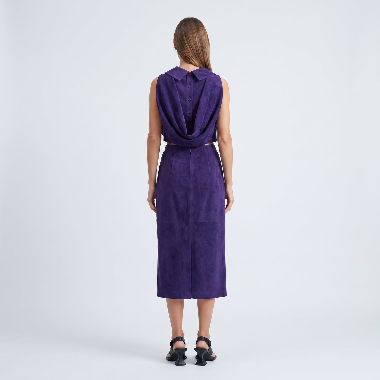 Draped Purple Suede Midi Skirt