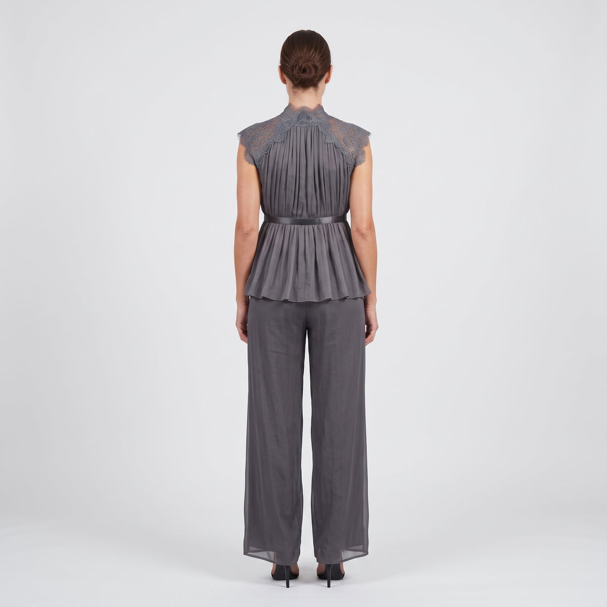Pleated Lace Trim Silk Blouse