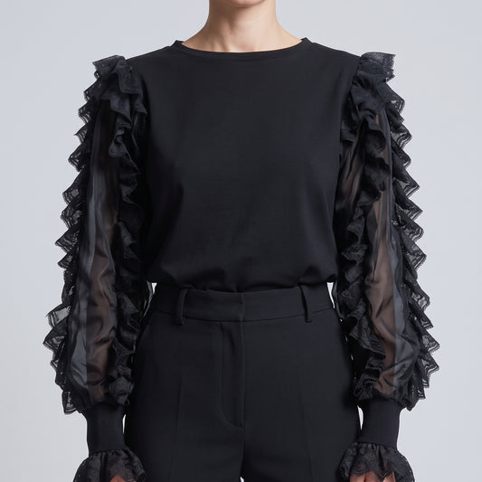 Black Lace Ruffle Sleeve Top