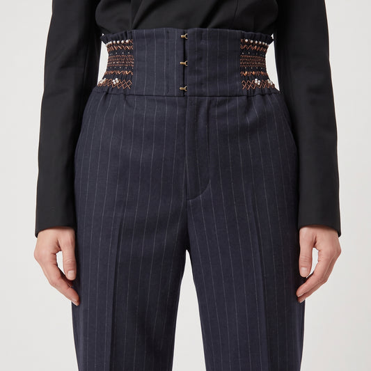 Pinstripe Embroidered High-Waisted Trousers
