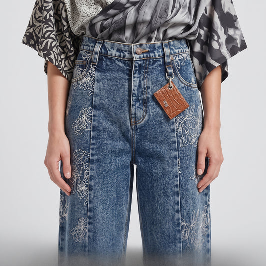 Floral Embroidered Acid Wash Jeans