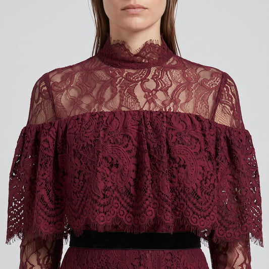Burgundy Lace Ruffle Mini Dress