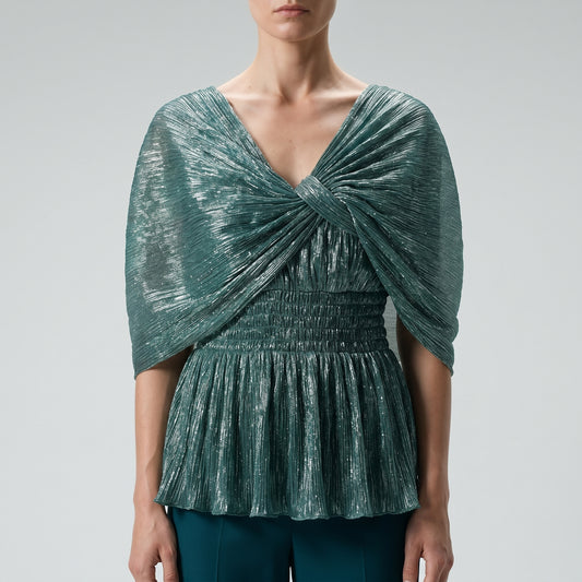 Metallic Pleated Flutter Sleeve Top