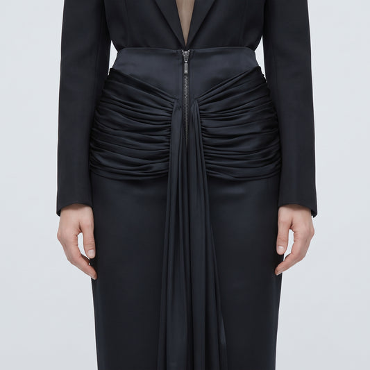Ruched Satin Midi Skirt