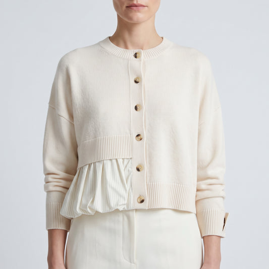 Paneled Ruffled Button-Down Cardigan