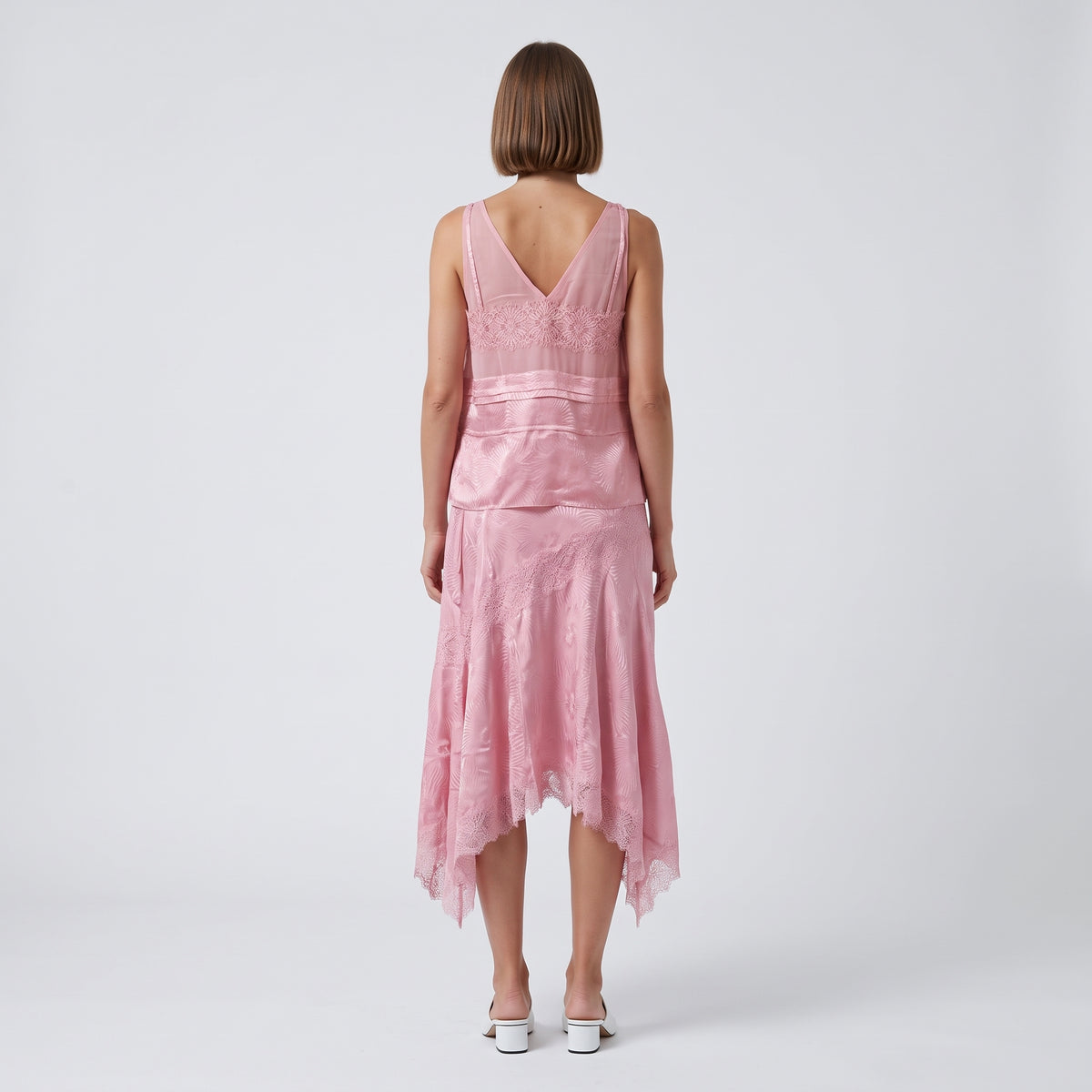 Lace Trimmed Peplum Silk Tank
