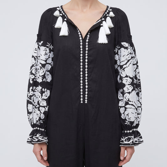 Embroidered Floral Linen Jumpsuit