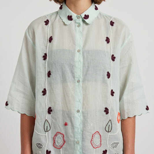 Embroidered Scalloped Linen Shirt