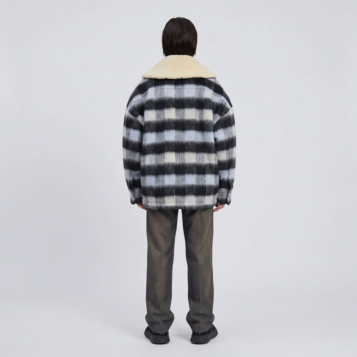 Fuzzy Plaid Shearling Collar Jacket