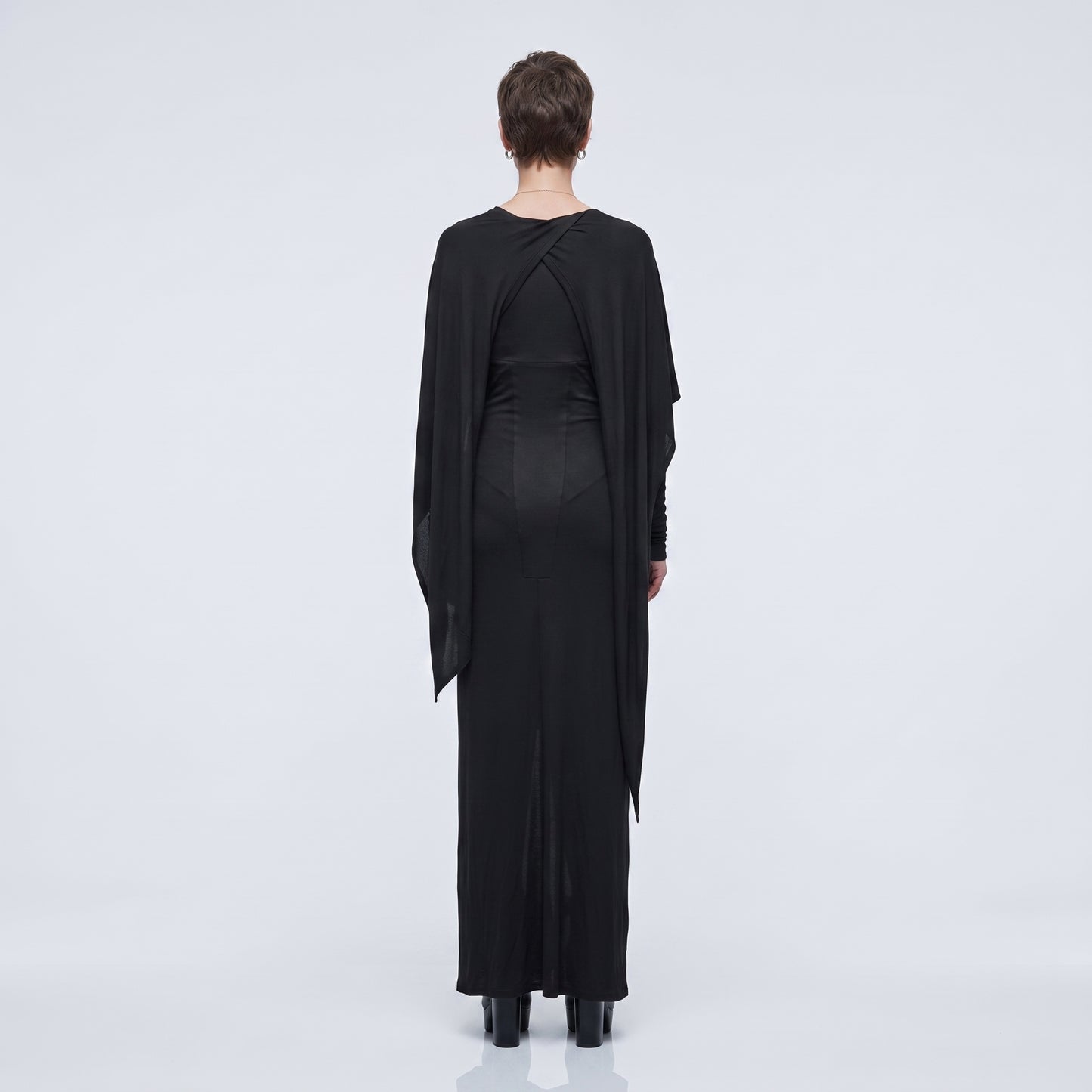 Draped Black Asymmetric Midi Dress