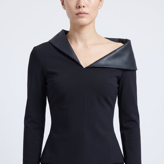 Asymmetric Faux Leather Trim Top