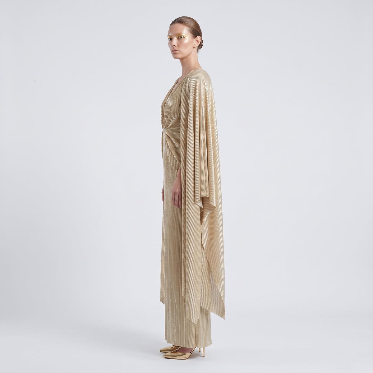 Metallic Pleated Cape Midi Dress