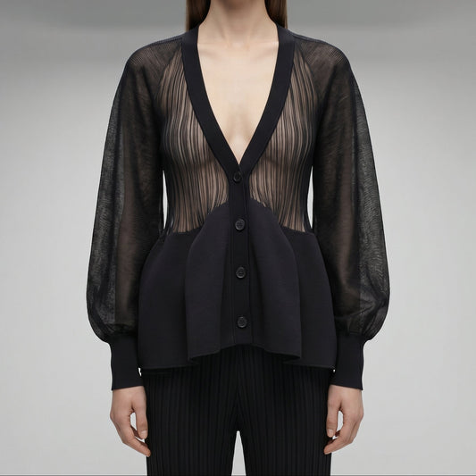 Sheer Peplum Button-Down Cardigan