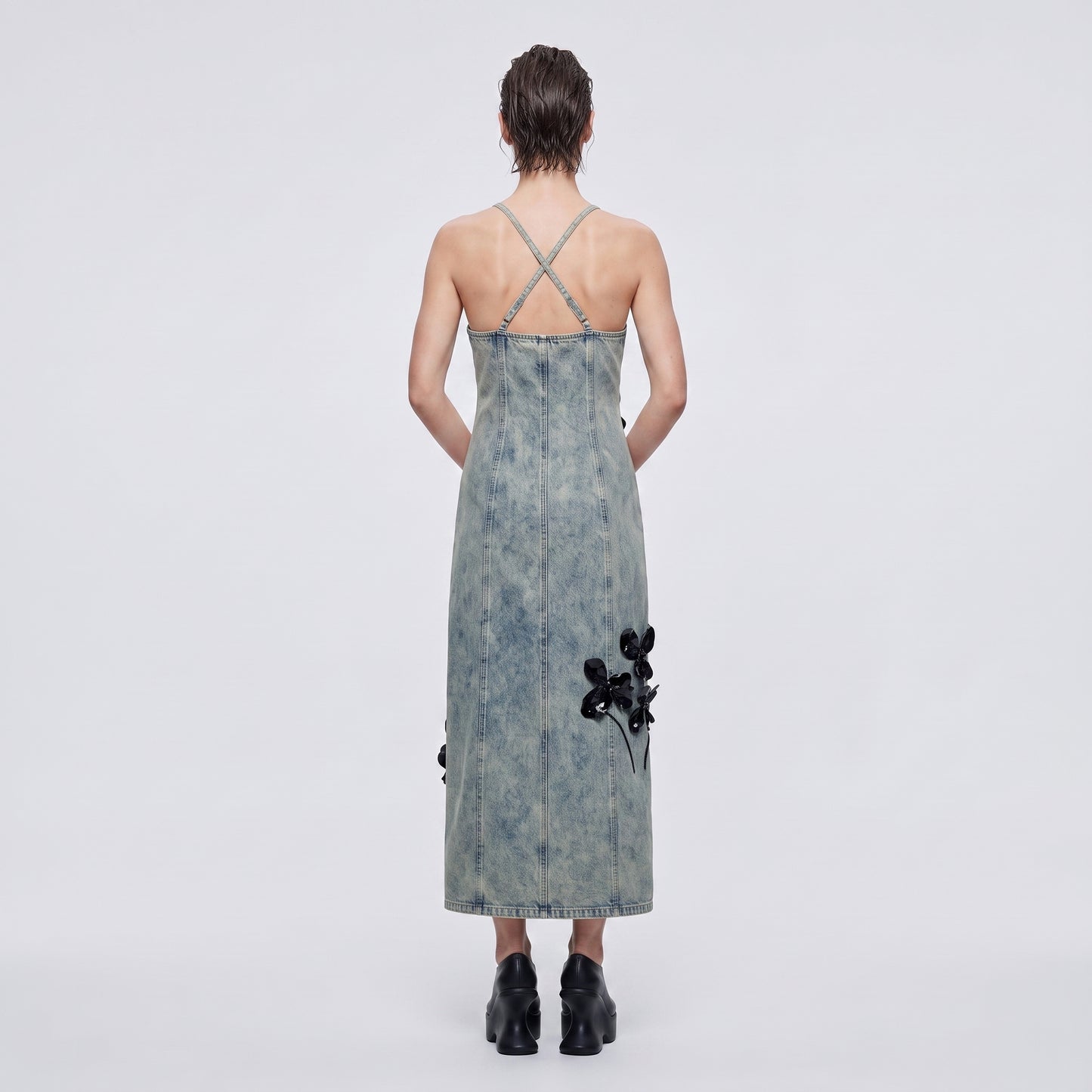 Floral Embellished Denim Midi Dress