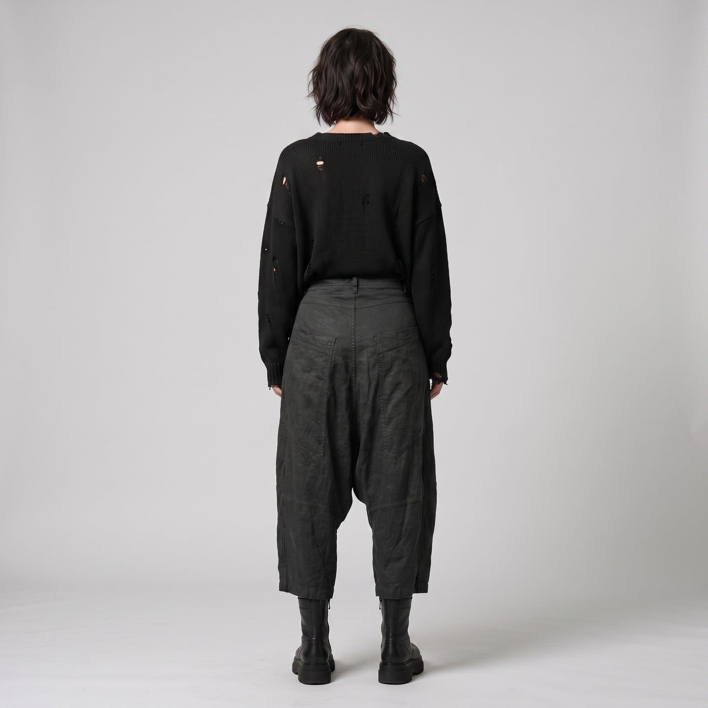 Black Cropped Drop-Crotch Trousers