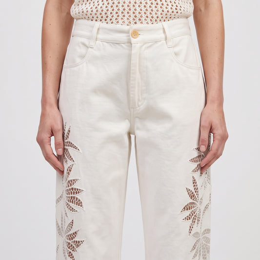 Floral Cutout White Denim Trousers