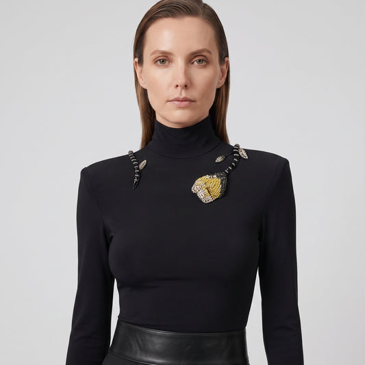 Embellished Mock Neck Fitted Top