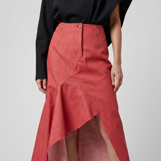 Asymmetric Red Denim Midi Skirt