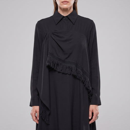 Fringed Asymmetric Black Dress