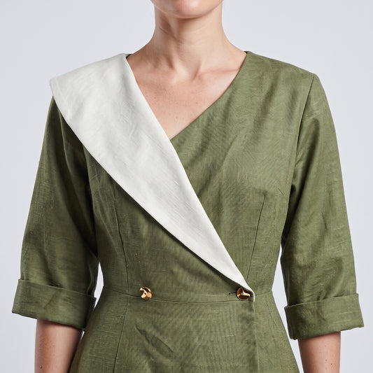Tailored Olive Wrap Midi Dress