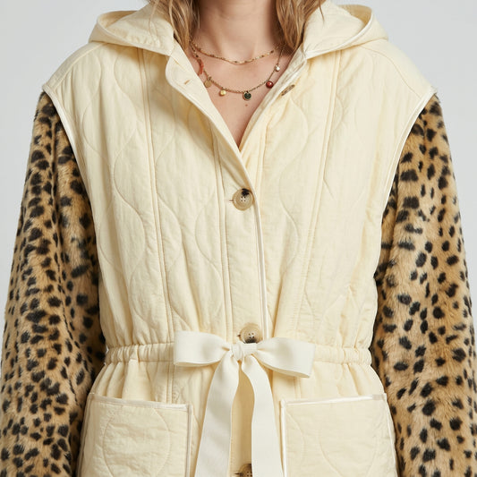 Quilted Leopard Sleeve Hooded Coat