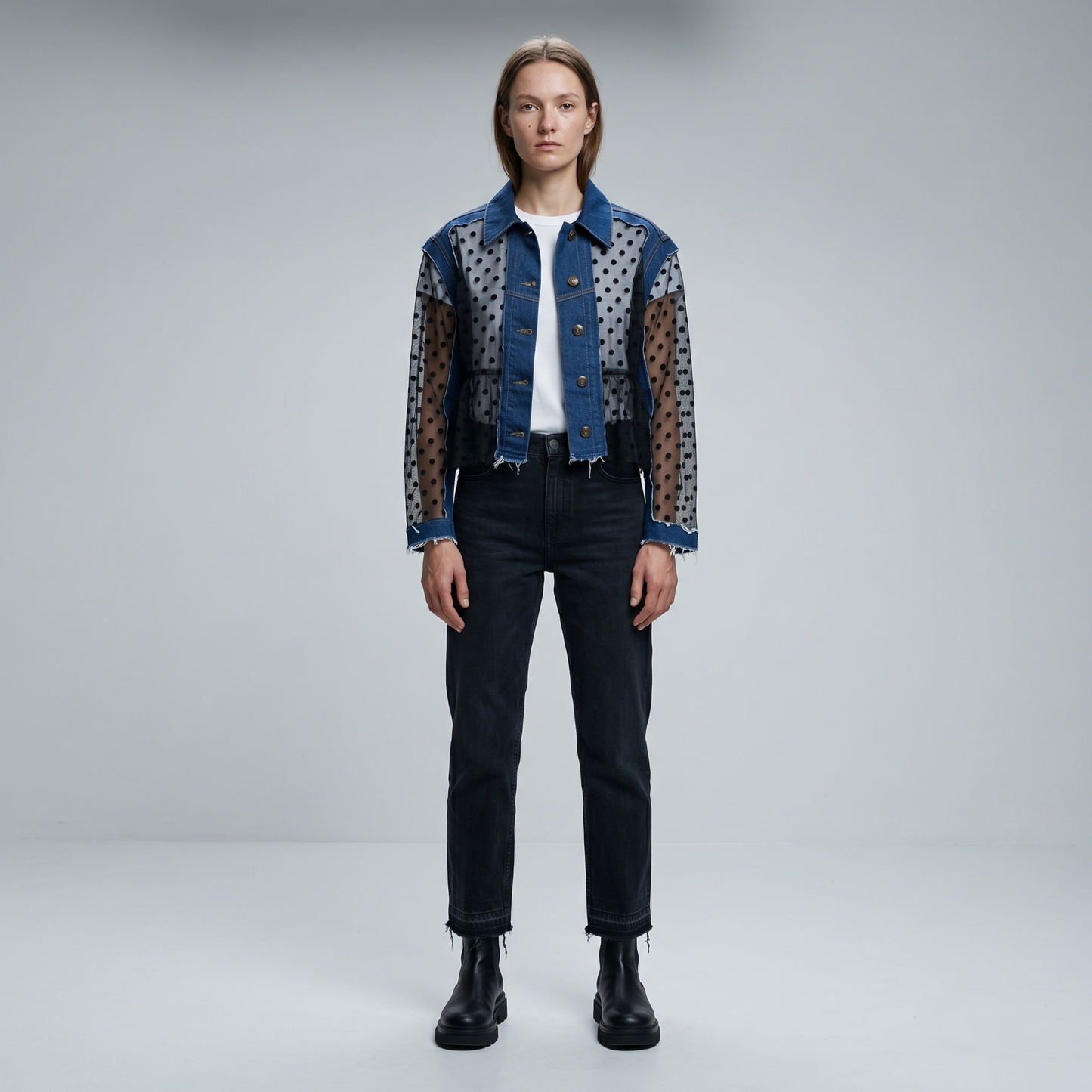 Polka Dot Denim Panel Jacket