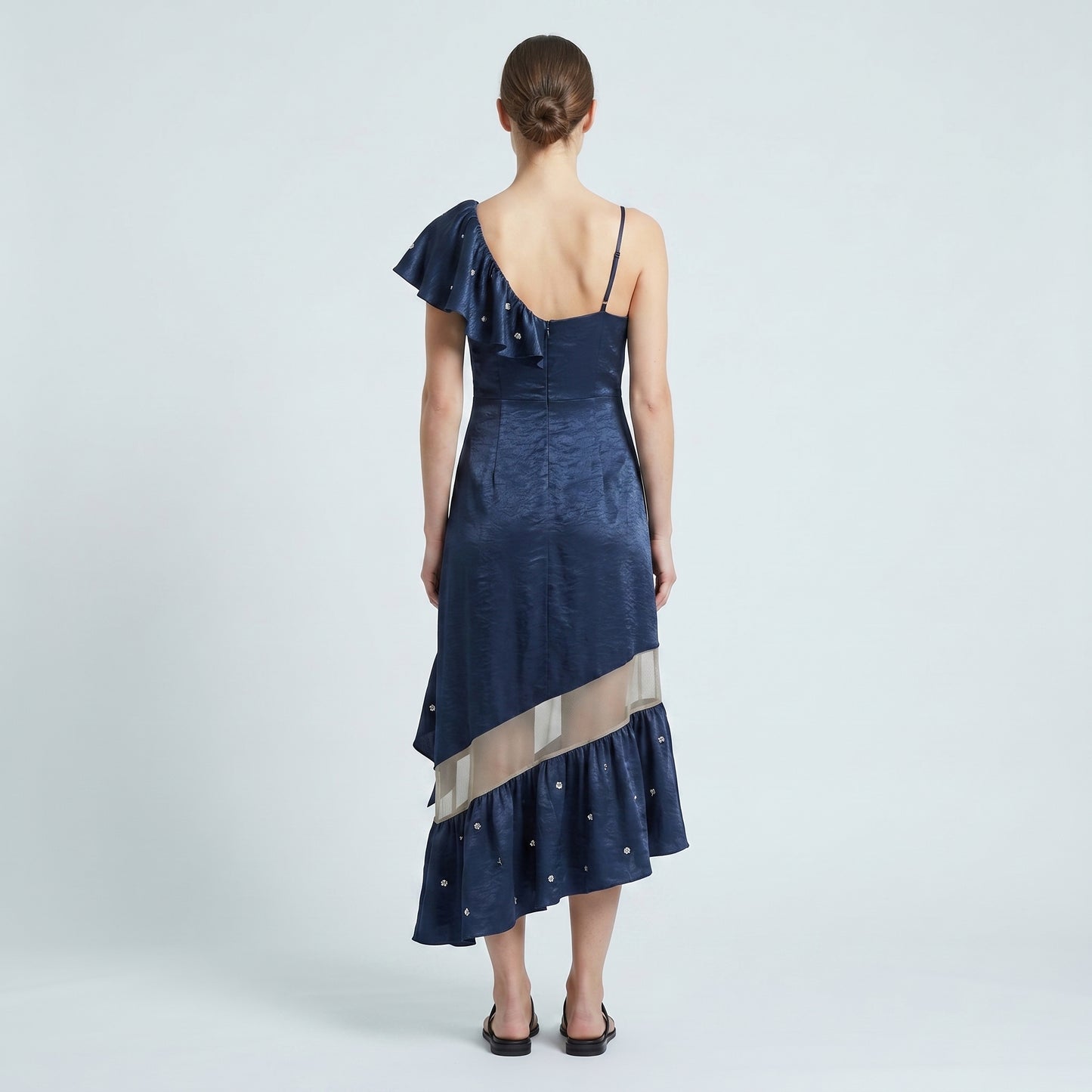 Asymmetric Ruffled Navy Cocktail Dress