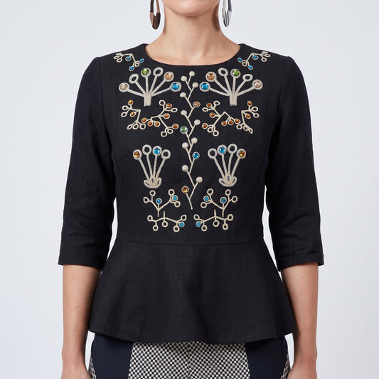 Embroidered Jewel Peplum Top