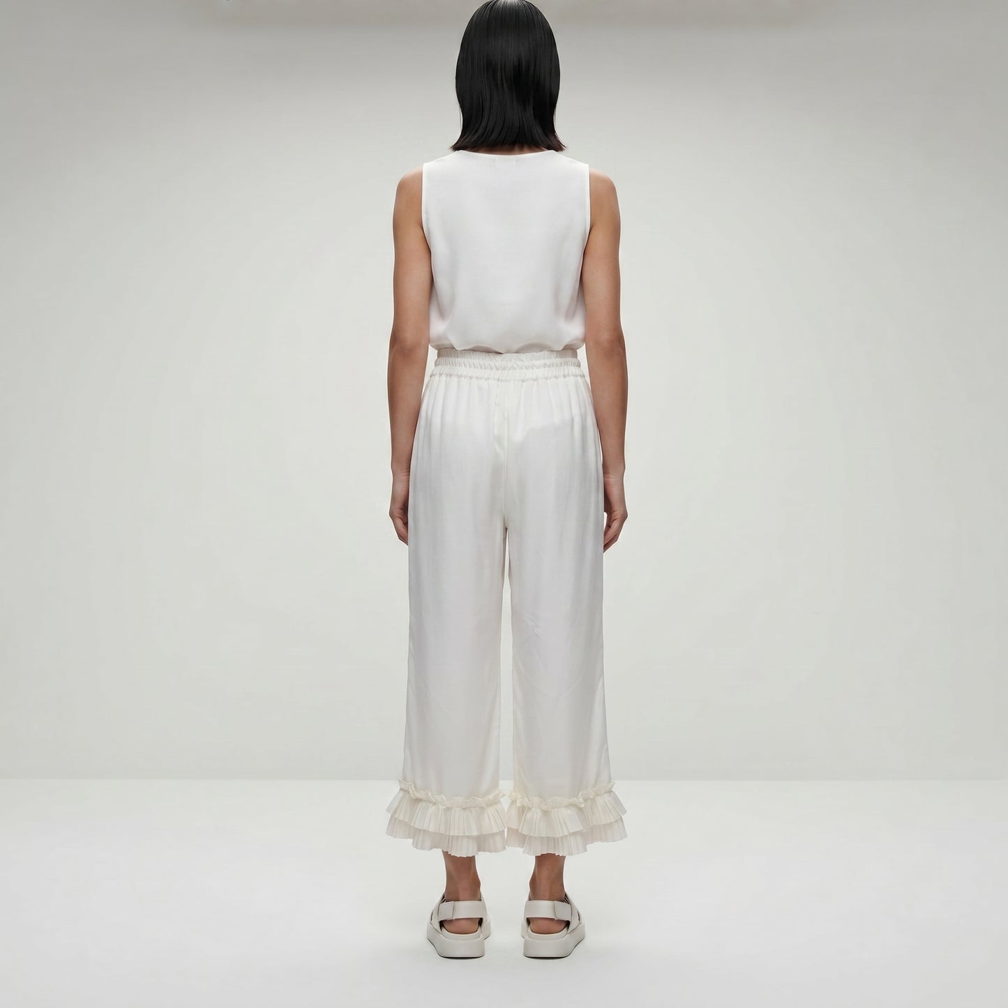 Ruffled Hem Wide-Leg Trousers