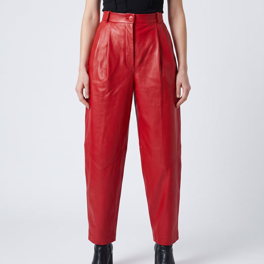 Vibrant Red Leather Tailored Trousers