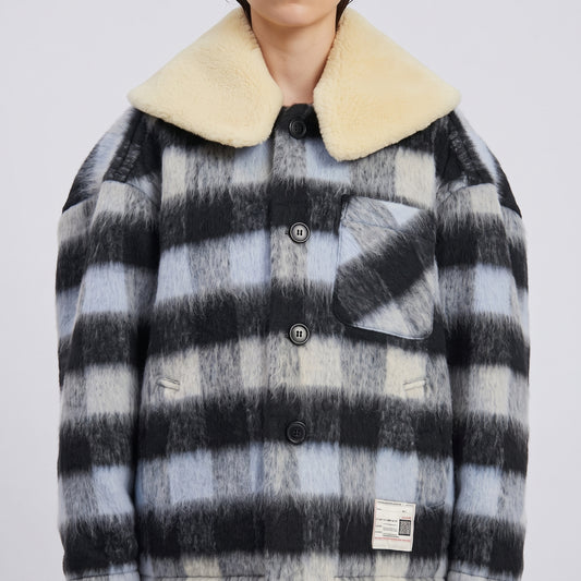 Fuzzy Plaid Shearling Collar Jacket