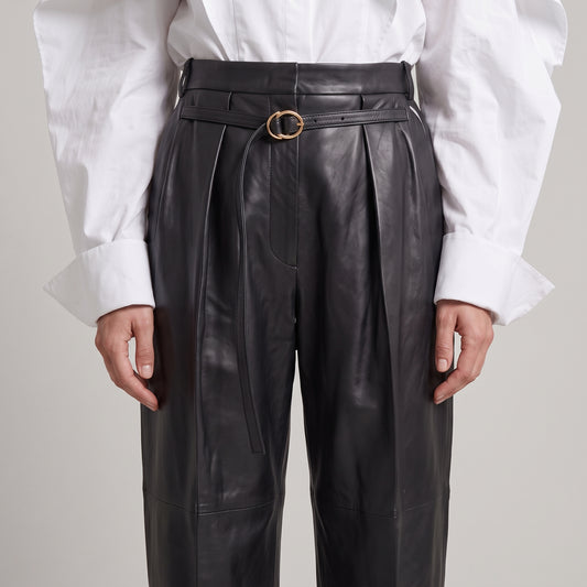 High-Waisted Leather Belted Trousers