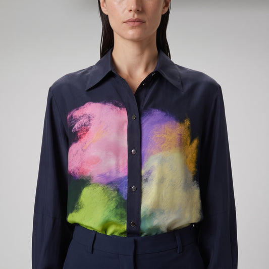 Abstract Print Silk Button-Down