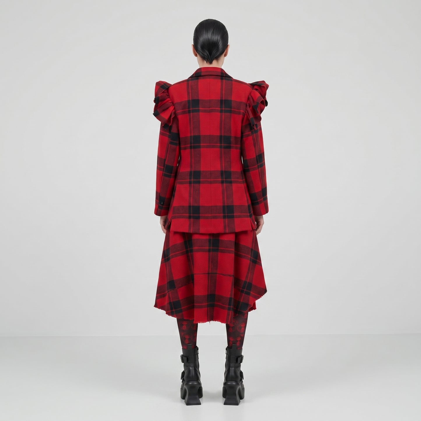 Red Tartan Ruffle Shoulder Blazer