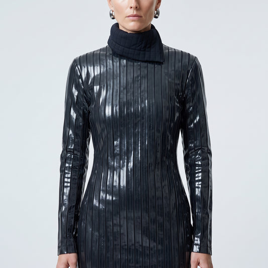 Glossy Pleated Turtleneck Midi Dress