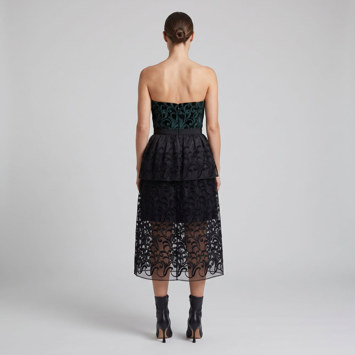 Embroidered Tiered Strapless Midi Dress