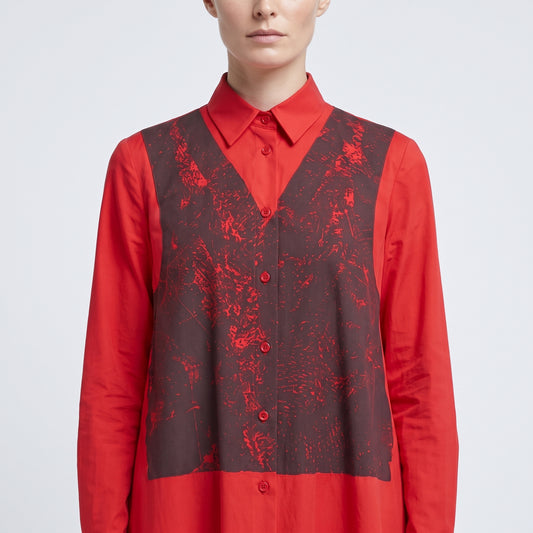 Red Printed Panel Shirt Dress