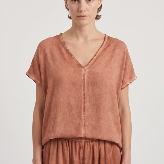 Terracotta Frayed V-Neck Top
