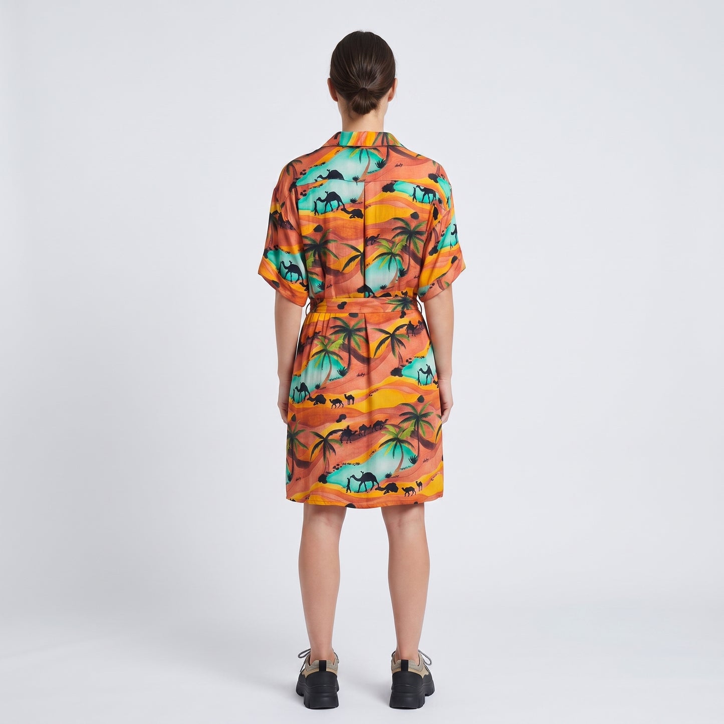 Tropical Palm Print Shirt Dress