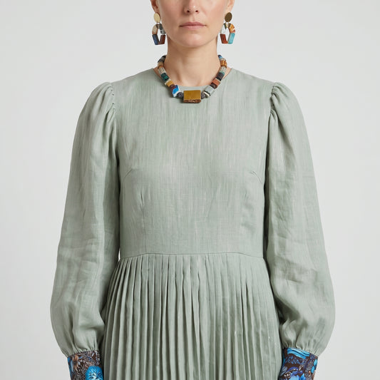 Pleated Linen Floral Midi Dress