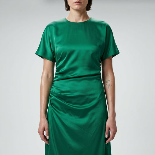 Emerald Ruched Satin Midi Dress