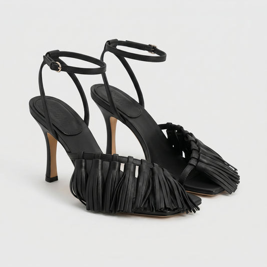 Fringed Leather Ankle Strap Heels