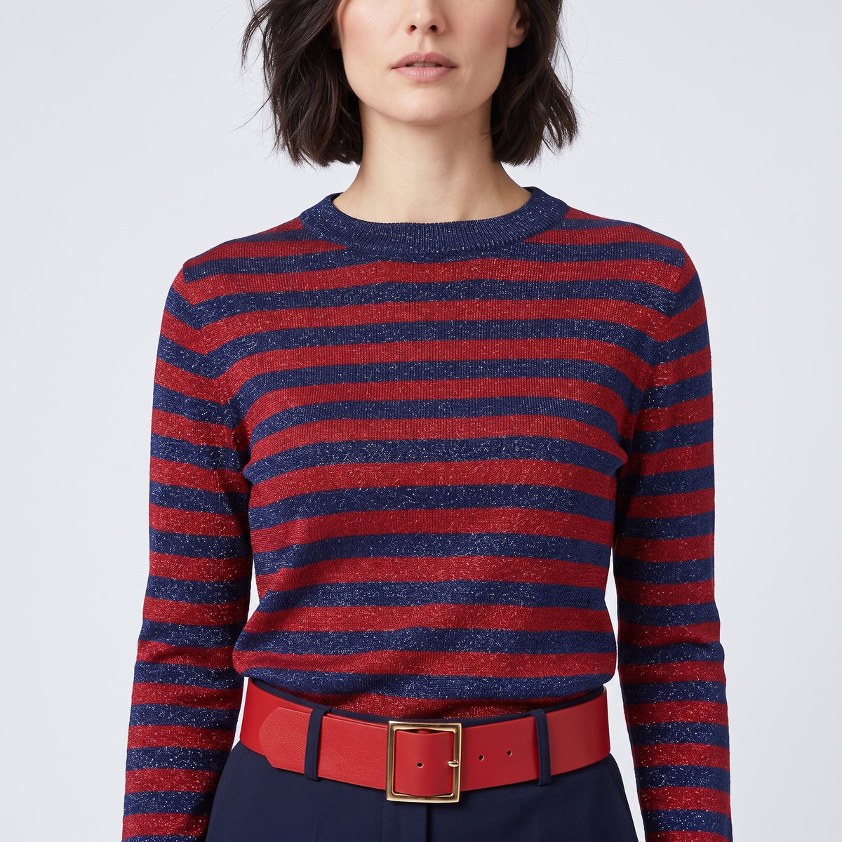 Striped Metallic Turtleneck Knit Sweater