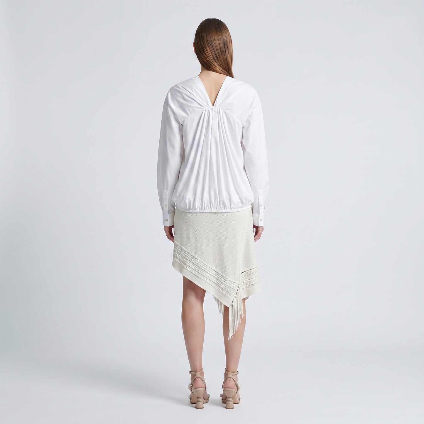 Pleated V-Neck Cotton Blouse