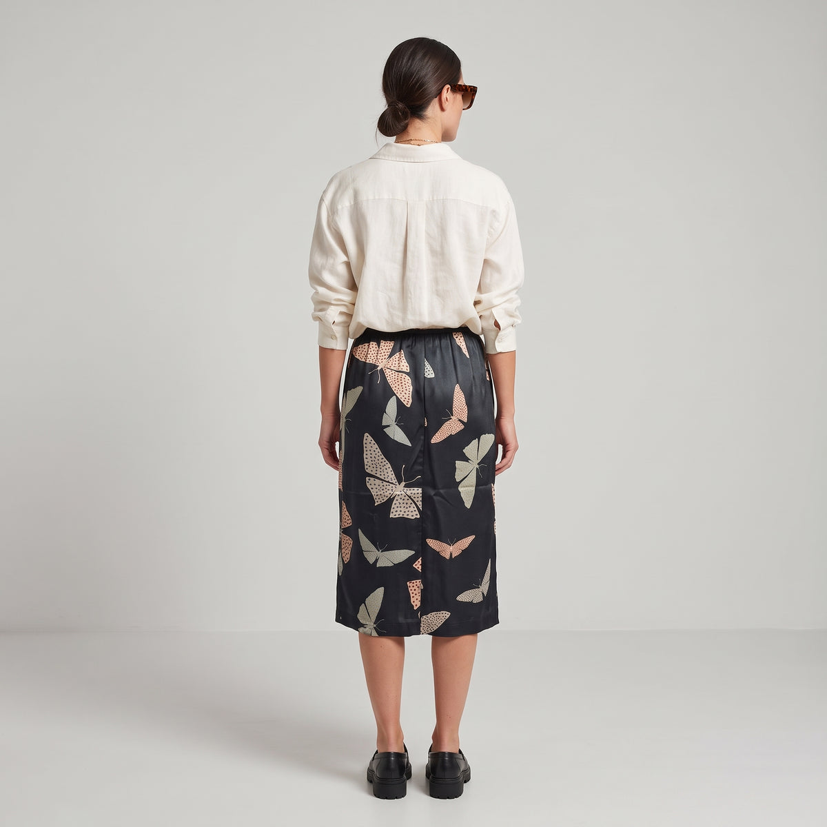 Butterfly Print Silk Midi Skirt