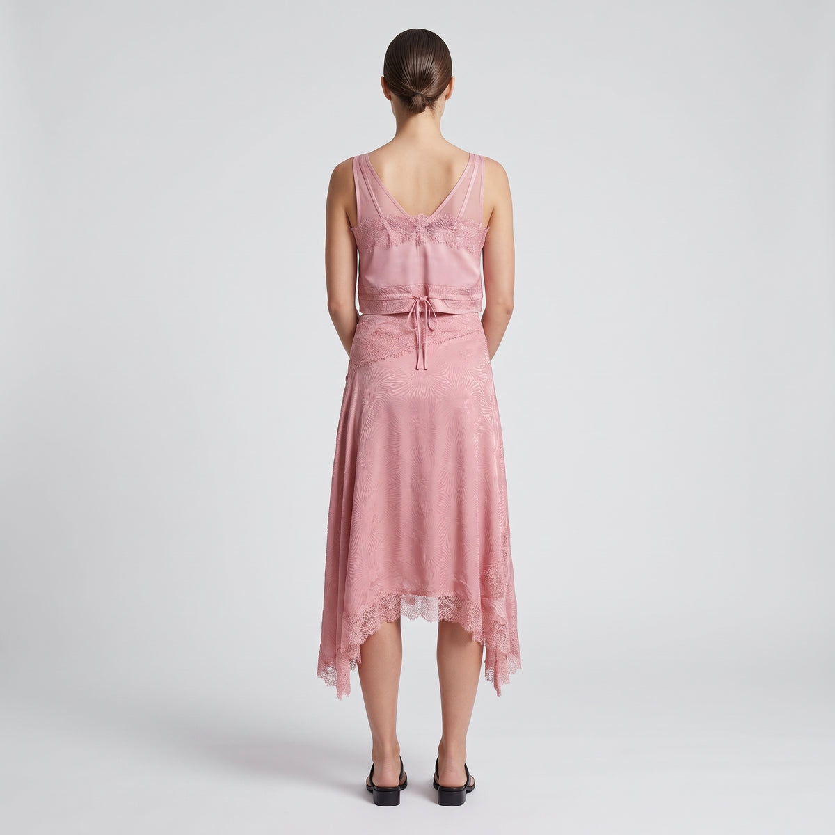 Lace-Trimmed Pink Satin Skirt