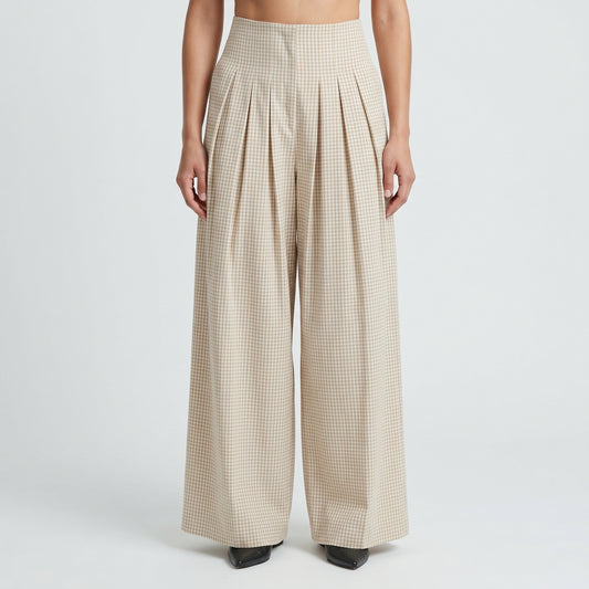 Gingham Pleated Wide Leg Trousers