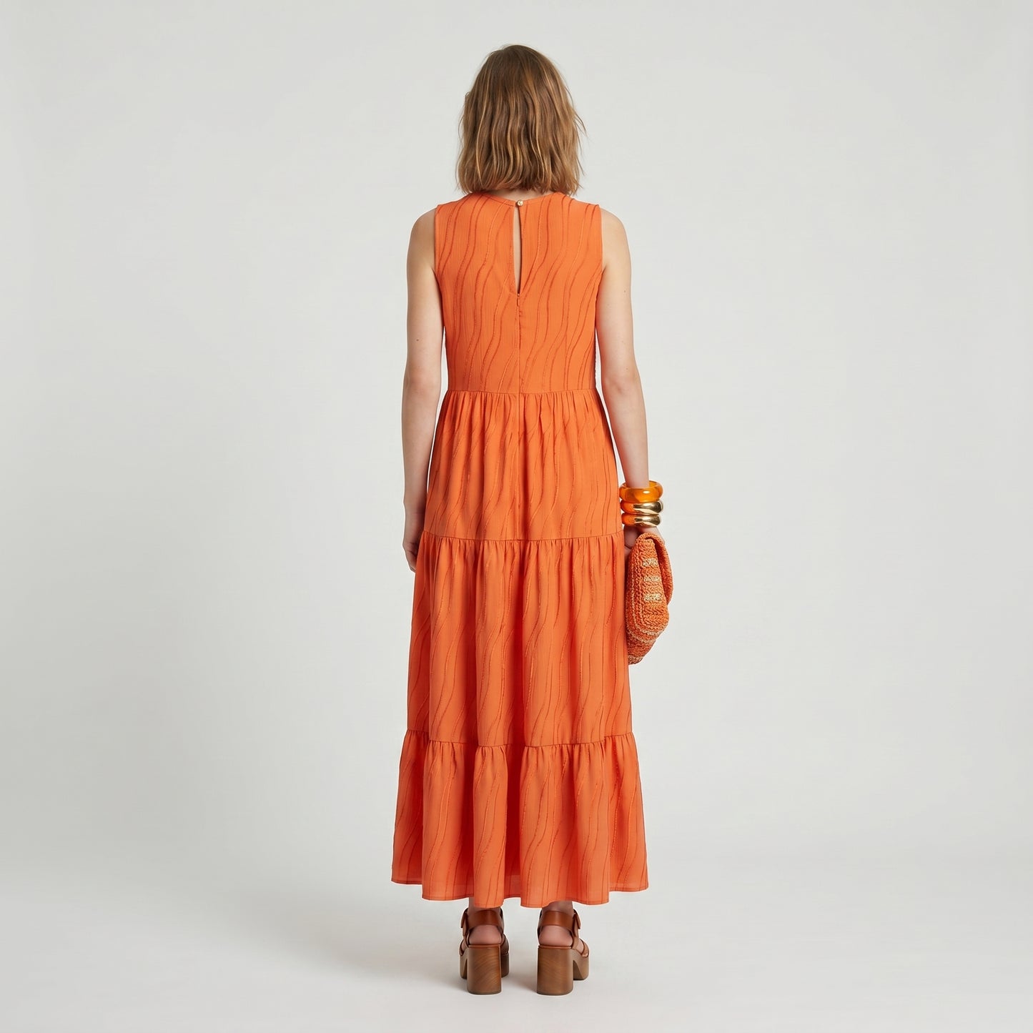 Tiered Orange Sleeveless long Dress