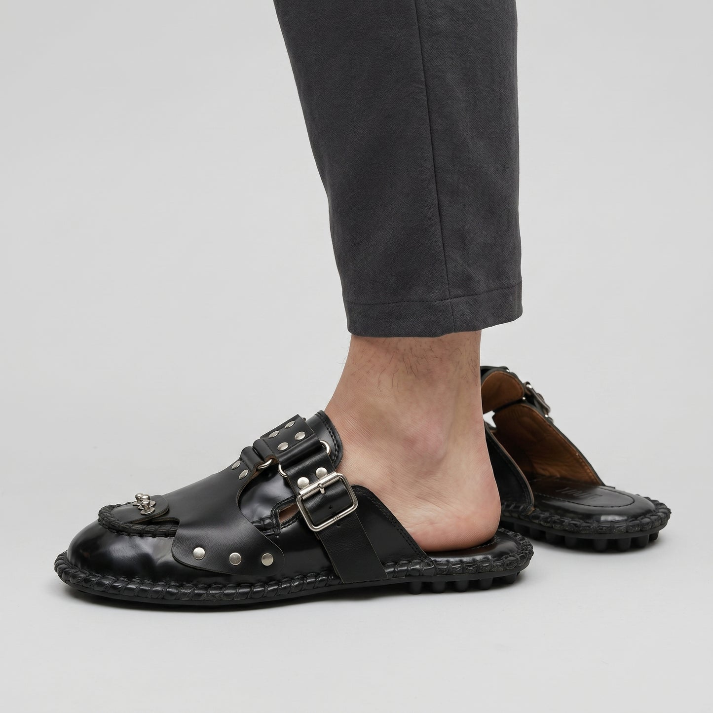 Studded Leather Buckle Mules