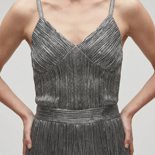 Metallic Pleated Flared Trousers